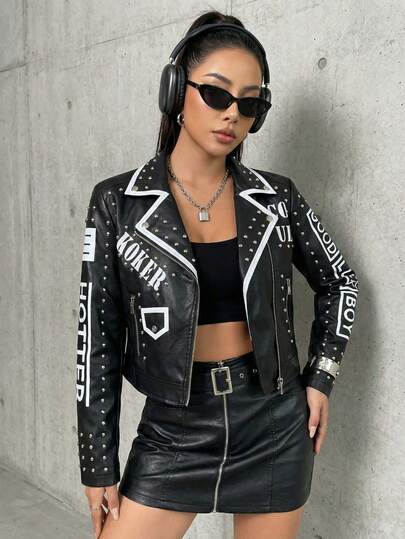 Chaqueta De Piel De PU Con Cremallera para Mujer. Parche De Letra Y Estoperoles Remaches Bordes Pintados, Para Damas, Uso Casual De Primavera/Otoño, Manga Regular,Cuello Alto,Ajuste Regular,Color Negro Urbana Y2K Cómoda Moderna Juvenil Calle