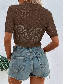 EMERY ROSE Women's Casual Vacation Minimalist Solid Color Mesh Hollow Short Lightweight Cardigan, Summer - Camel - View 2