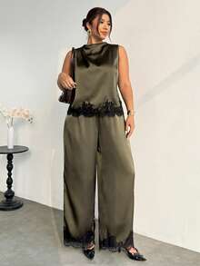 Firerie Plus Size Women Elegant Lace Patchwork Camisole & Pants 2 Pieces Set - Army Green - View 4