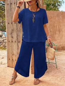 EMERY ROSE Plus Size Women's Solid Color Short Sleeve Top And Pants Casual Smart Casual 2-Piece Set Vacation Royal Blue Summer - Royal Blue - View 3
