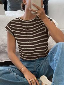 Siren Gaze Women's Brown Striped Stripe Stripe Stripe Stripe Print Round Neck Short Sleeve T-Shirt,Summer Topworld Cup Brunch Casual French Brunch Brunch Brunch - Brown - View 4