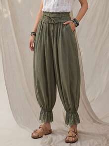 Wildy Quần lửng 3/4 kiểu Bohemian mùa hè, phong cách đồng quê, màu xanh lá cây, chất liệu cotton, cạp chun, phối ren, màu xanh lá cây. - màu xanh lá - Xem 6