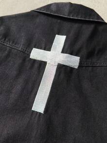 ROMWE MEN Kemeja Denim Lengan Pendek Resleting untuk Pria, Pakaian Musim Panas Serbaguna - Hitam - View 4
