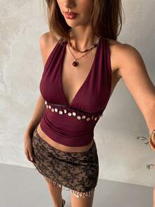 Aloruh Camiseta de tirantes ajustada con escote en V profundo y decoración de colgante, para otoño/invierno - Burdeos - Ver 6