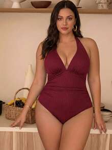 Swim Lushoire Plus Size Textured Fabric Halter One-Piece Swimsuit - Red - View 3