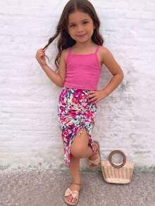 Emery Rose Kids Emery Rose Kids 两件套女童针织纯色吊带背心和碎花百褶裙套装 - 玫紅色 - 查看 2
