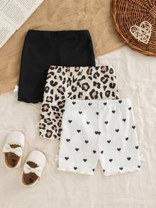 SHEIN Vintaside Kids Bộ 3 món cho bé gái sơ sinh và trẻ nhỏ 0-3 tuổi, kiểu dáng mùa xuân hè, chất liệu thun co giãn, họa tiết trái tim và da báo, thích hợp mặc ở nhà và ngoài trời. - Nhiều màu - Xem 2