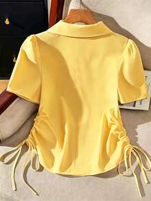 Franclia Women's Solid Color Short Sleeve Ruched Front Button Shirt, Summer - Yellow - View 2