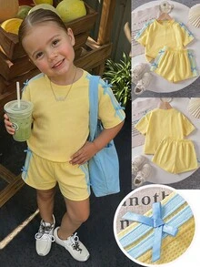 SHEIN 2pcs Young Girl Knitted Solid Color Round Neck Casual T-Shirt And Shorts Set - Yellow - View 2