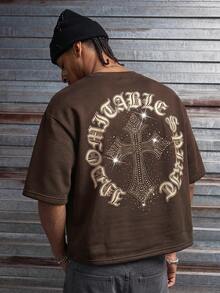 AXEPEAK Men's Casual Loose Short Sleeve T-Shirt, White With Printed Rhinestone Handmade Label, Summer - Brown - View 2
