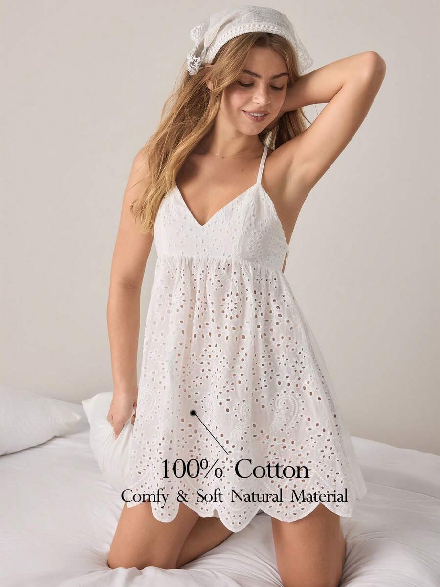 Ocili Traceable Cotton Romantic Home Casual Hollow Embroidery Fabric Solid Color V-Neck Spaghetti Strap Mini Women's Nightgown - White - View 1