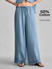 Ontre 2026 Women's Wide Leg Pants, Dusty Blue Autumn Boho Casual Loose Fit Solid Trousers, Hollow Embroidery Design Elastic Waist Vacation Elegant Chic - Blue - View 3