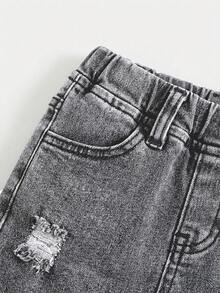 SHEIN Baby Boy Casual Washed Distressed Elastic Waist Denim Shorts, Summer - Light Wash - View 2