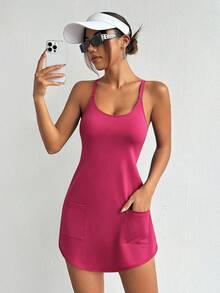 SHEIN Sports Summer Casual Solid Color 2 In 1 Dress With Pockets - Hot Pink - View 2