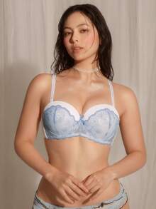 DelicateAllure Women's Contrast Color Lace Sexy Cute Bow Decor Bra Light Blue Summer - Baby Blue - View 3