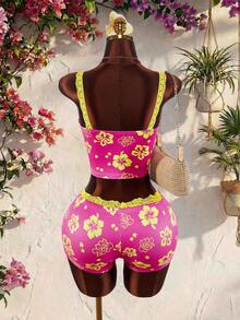 Amplova Ensemble 2 pièces de camisole et mini-short avec patchwork de dentelle et nœud décoratif, de couleurs contrastées - Rose bonbon - Voir 6