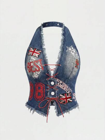 ROMWE Grunge Punk Áo denim dáng suông mùa hè cỡ lớn, in chữ, kiểu cổ yếm chéo, gấu áo rách.