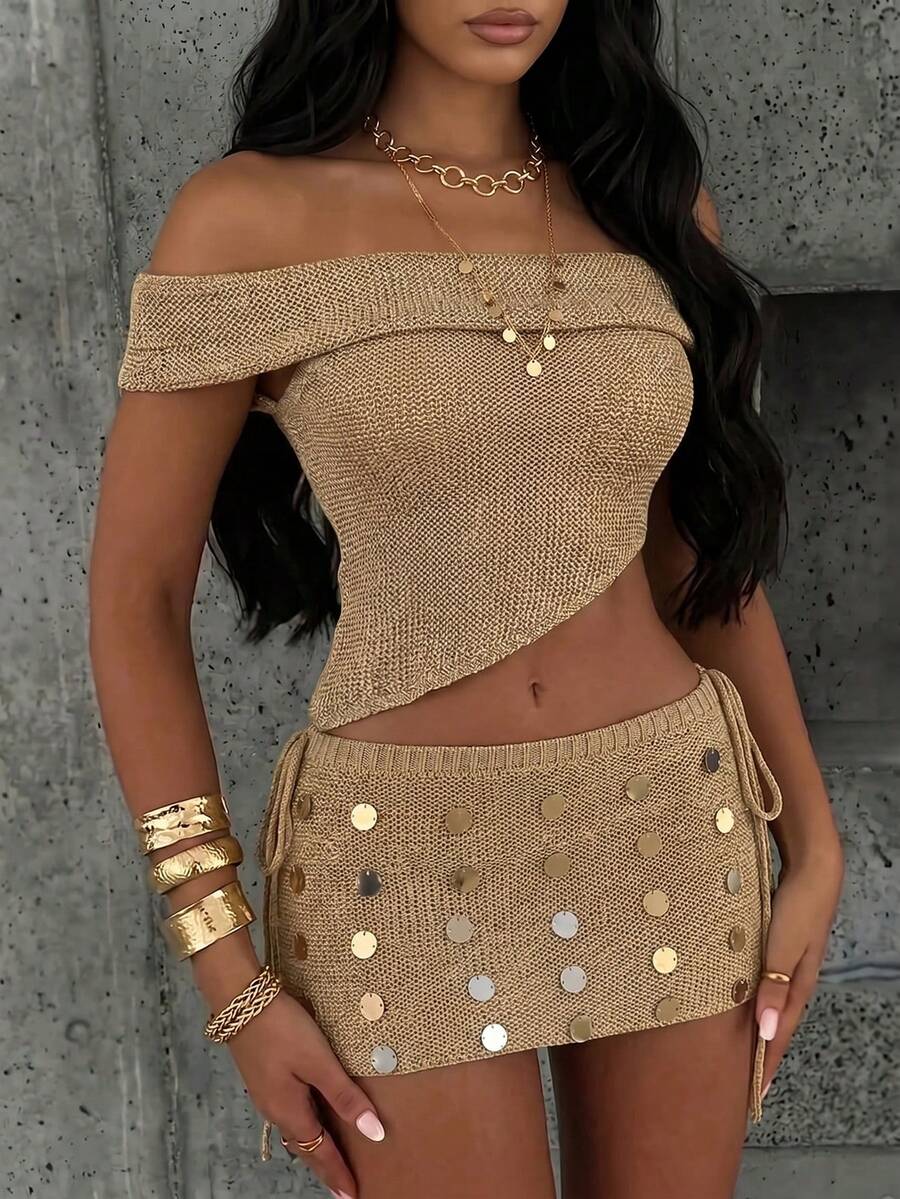 Aloruh Khaki Summer Chic Sexy Holiday Vacation Bombshell Y2K Music Festival Party Gold Beaded Sheer Off-Shoulder Cinched Waist Asymmetrical Knit Top - Gold - View 1