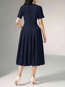 Heiryn Elegant Commuter Asymmetric Buckle Pleated Dress For Women - Navy Blue - View 6