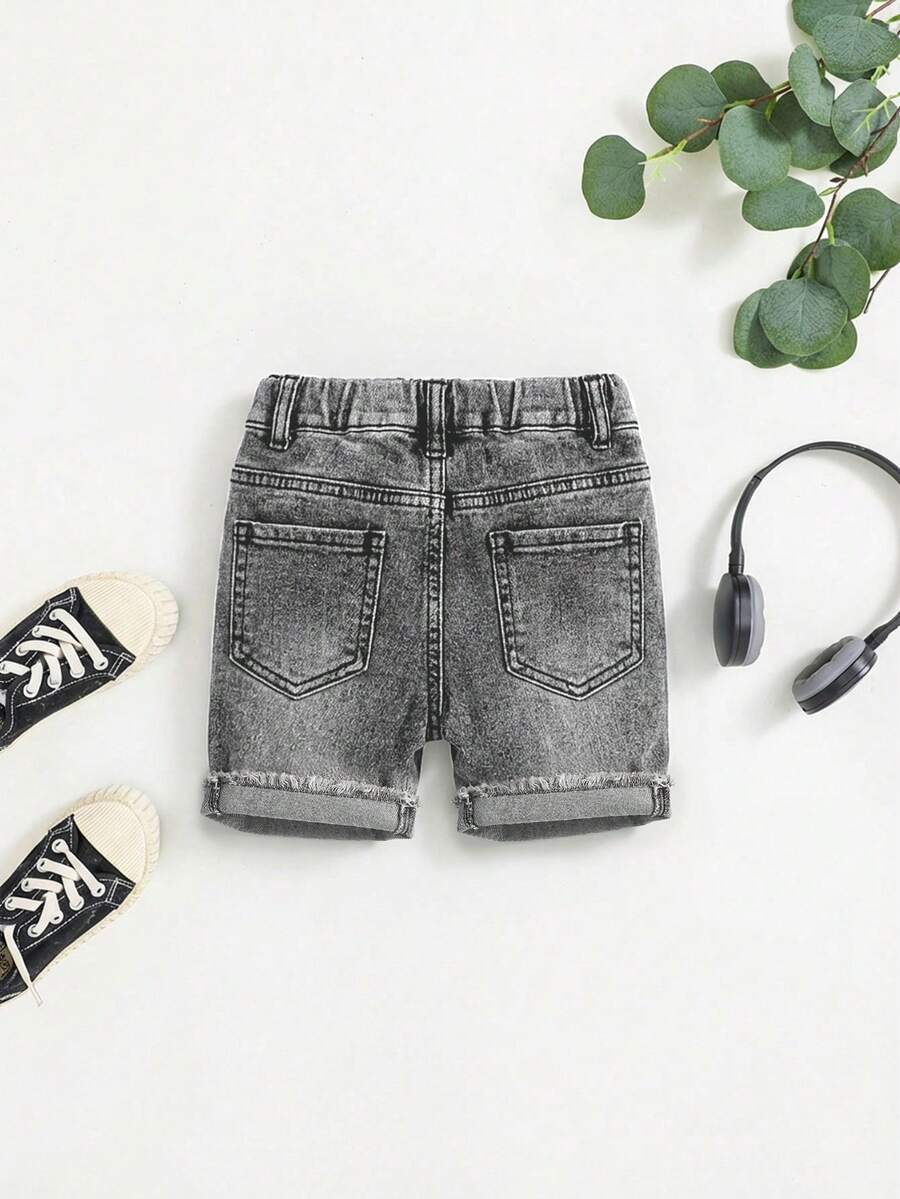 SHEIN Baby Boy Casual Washed Distressed Elastic Waist Denim Shorts, Summer - Light Wash - View 1