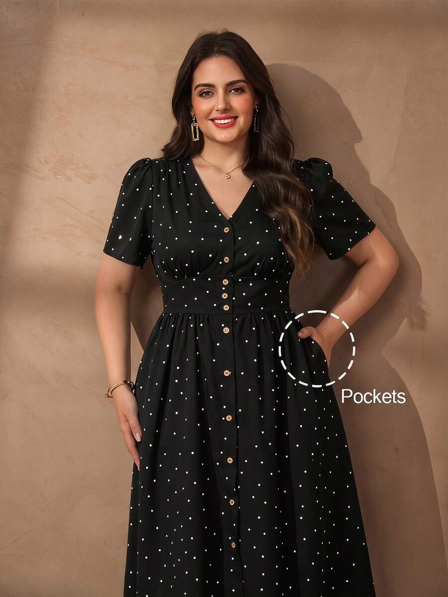 Chikora Plus Size Women Elegant Black And White Polka Dot Dress,Summer V-Neck Casual Office Tea Party Dress,Wedding Guest Formal Ceremony Graduation Outfit - Black and White - View 1