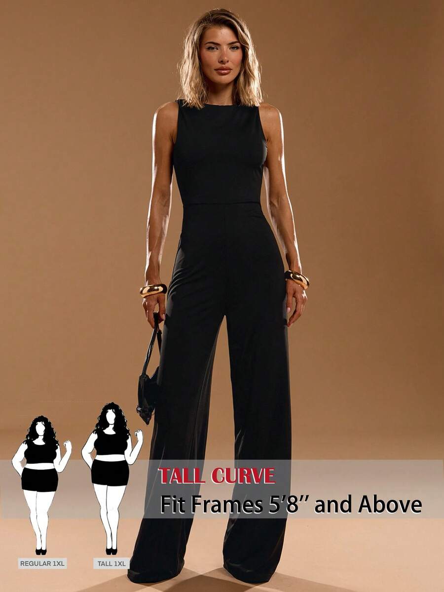 SHEIN Tall CURVE Bộ áo liền quần không tay cổ tròn màu trơn dành cho nữ cỡ lớn, kiểu dáng thường ngày. - màu đen - Xem 1