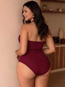 Swim Lushoire Plus Size Textured Fabric Halter One-Piece Swimsuit - Red - View 2