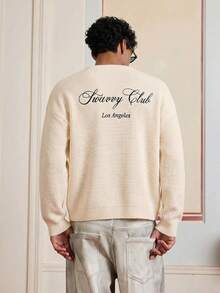 SWAVVY Men's Casual Embroidered Drop Shoulder Long Sleeve Sweater - Beige - View 5
