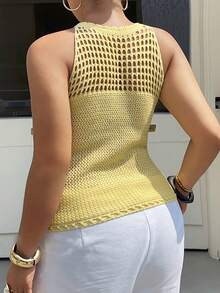 Dazy Plus Plus Size Women's Solid Color Hollow Out Cropped Spaghetti Strap Sleeveless Knit Casual Vacation Sweater Vest, Brown Gym Summer - Pale Yellow - View 7