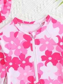 Souflis Souflis Baby Girls Beachwear 2-Piece Swimsuit Set, Soft & Smooth Fabric, Floral Print, Long Sleeve, Front Zipper, Contrast Color, Bowknot Design - Pink - View 4