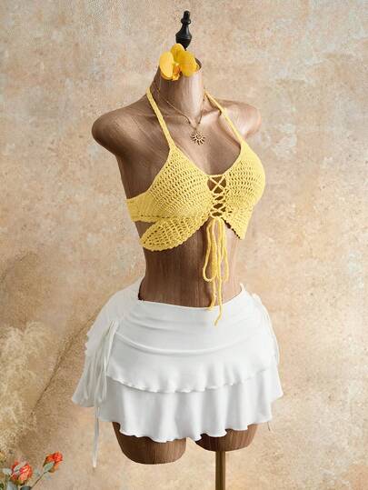 Femesol 2026 New Cross-Border Single Piece, Hand-Crocheted, Solid Color, Elegant Vacation Style Women Knit Party Top