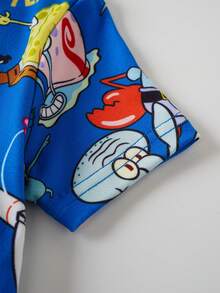 SpongeBob SquarePants | SHEIN 卡通印花圓領短袖上衣與短褲緊身睡衣套裝，適合小男孩 - 藍色 - 查看 5
