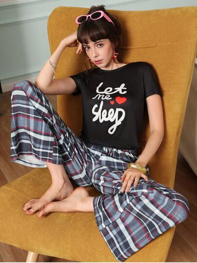 Chillnights Young Casual Energetic Text & Plaid Print Short Sleeve Pants Women Pajama Set