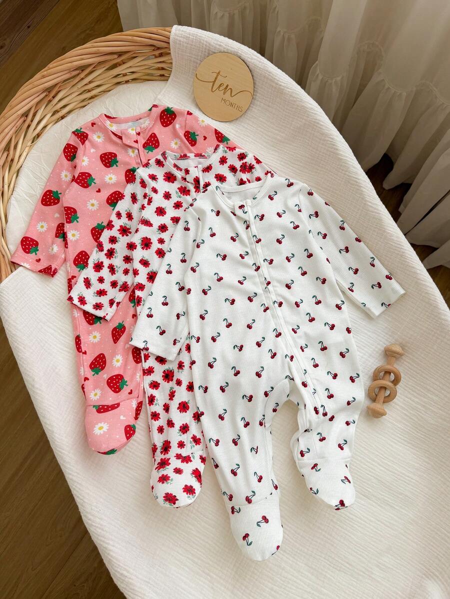 SHEIN Piyama Romper Lengan Panjang Bayi Baru Lahir yang Nyaman, Bernapas, Lembut, dan Bermotif Seluruh Permukaan - Putih - View 1