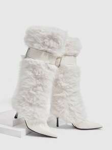 CUCCOO SZL Women's Pointed Toe Buckle Design Faux Fur Fashion High Heel Knee-High Boots - White - View 1