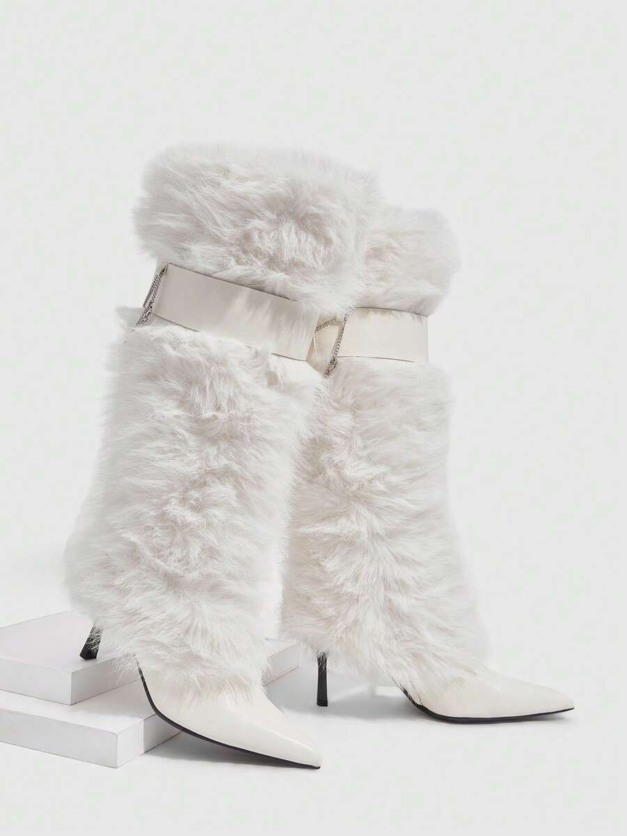 CUCCOO SZL Women's Pointed Toe Buckle Design Faux Fur Fashion High Heel Knee-High Boots - White - View 1