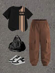SHEIN Vacaura Young Boy King Graphic Tee And Cargo Pants Set, Fashionable Casual Outfit For Spring/Summer Occasions Like Parties, Festivals, Outdoor Activities - Multicolor - View 3
