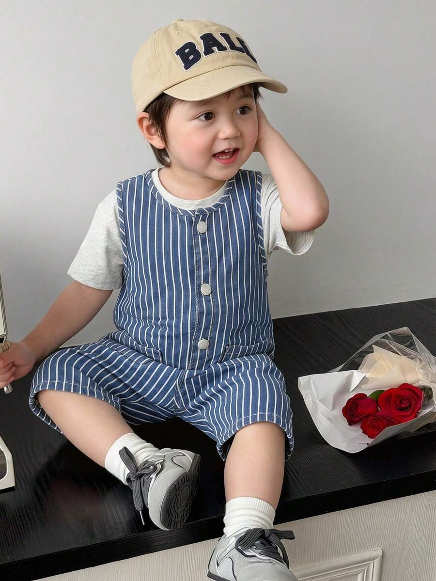 SHEIN Little Byeori Baby Boy Sleeveless Denim Romper, Navy Blue & White Striped - Medium Wash - View 1