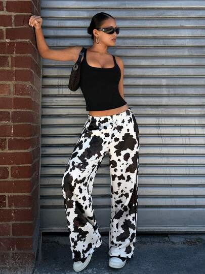 Muchica Women's Elastic Waist Cow Print Pocket Casual Versatile Daily Wear Wide Leg Sweatpants,Rave Festival