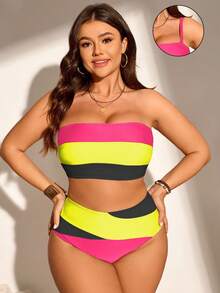 Swim Chiccia Conjunto de bikini de tiras finas con bloques de color y estampado de rayas para tallas grandes - Negro - Ver 5