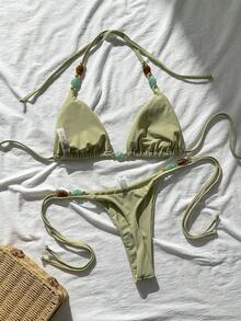 Swim Mod Women's Solid Color Halter Metal Accessories Sexy Bikini Set, Spring/Summer - Yellow - View 3