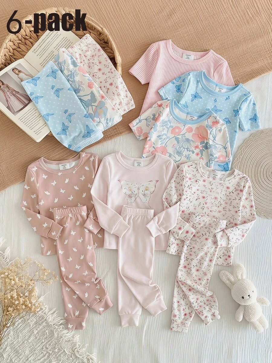 6 Stück/Set Baby Mädchen Süßer minimalistischer französischer Prinzessinnenstil blauer Schleife weiß gepunktetes Blumen Homewear Set - Verschiedenfarbig - Übersicht 1