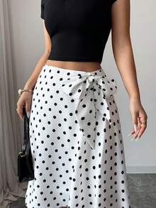 Modelyn Women's Polka Dot Tie Waist Casual Versatile Date Night Skirt - White - View 3