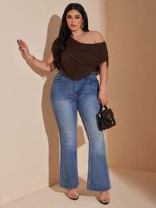 SHEIN BAE Plus Size Women Solid Color Asymmetrical Shoulder Ruched Casual Bodysuit, Versatile For Daily Wear - Coffee Brown - View 4