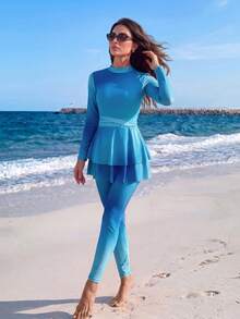 Veilorie Women's Gradient Long Sleeve Modest Middle Eastern Style Burkini Swimsuit Set, Summer - Blue - View 6