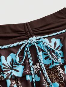 ROMWE Avant Hibiscus Print Triangle Cup Halter Waist Ruched Low Waist Super Skirt 2 Pieces Set, Vacation Island Style - Brown - View 3