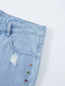ROMWE MEN Men's Summer Casual Fashion Street Daily Commute Rhinestone Distressed Loose Denim Shorts - Blue - View 7