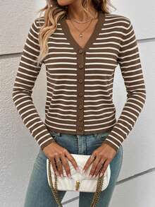 SHEIN Frenchy Áo khoác cardigan mỏng nhẹ kẻ sọc nâu trắng, phong cách tối giản, thích hợp cho mùa xuân/hè, đầu thu, hè, kỳ nghỉ, đi làm hàng ngày, hẹn hò, tụ họp, thu/đông, tiệc tùng, đám cưới, bãi biển, lễ tốt nghiệp, thời trang, thanh lịch, thường ngày, đi chơi, hẹn hò, cuộc hẹn, đi làm, bóng bẩy, sang trọng, kỳ nghỉ, thường ngày, Y2K, đi chơi, lễ tốt nghiệp, v.v. - Nhiều màu - Xem 5