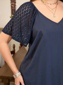 Lacomfia Vestido holgado de talla grande de manga dolman con cuello en V, parche de encaje y unicolor, para primavera/verano - Azul Marino - Ver 7
