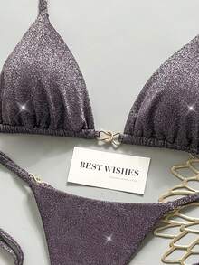 Swim Vcay Bộ bikini nữ màu trơn, chất liệu vải bóng, dây mảnh, trang trí kim loại, thích hợp cho kỳ nghỉ biển. - Màu tím - Xem 6